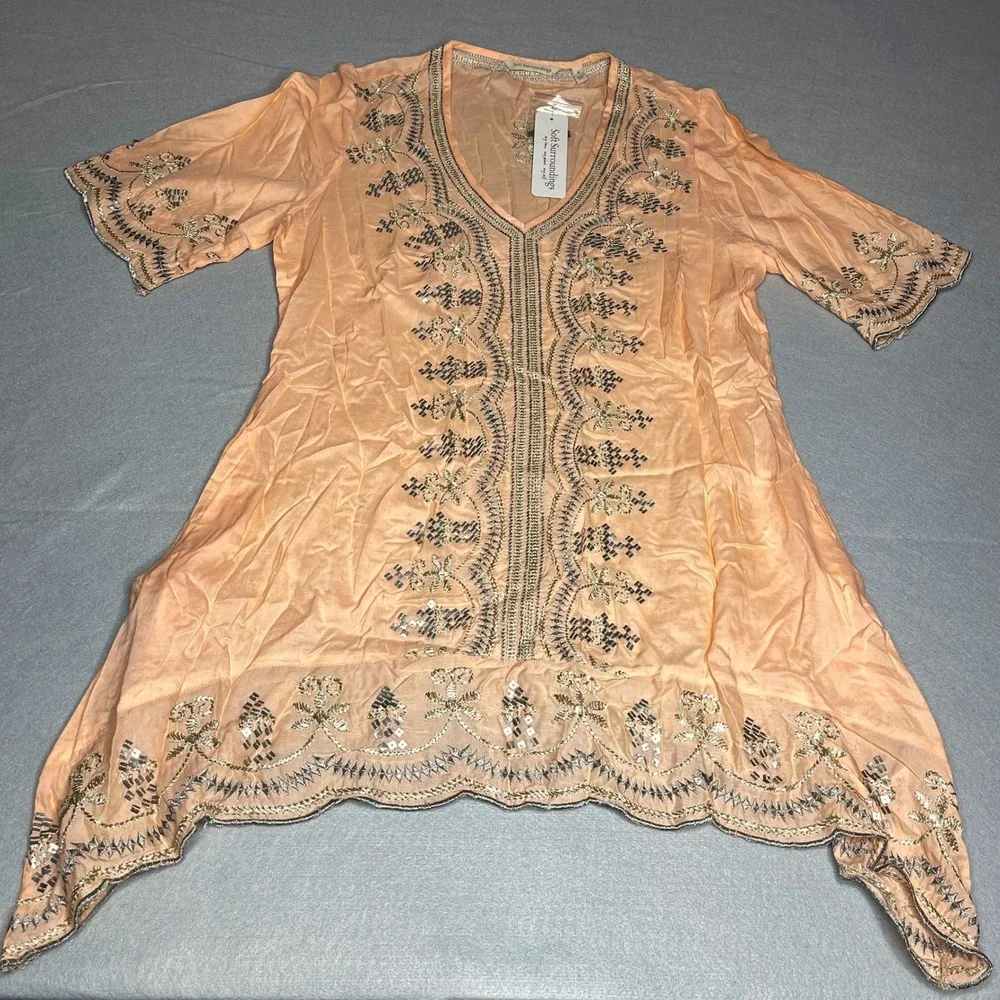 Soft Surroundings Boho Tunic Coverup Pink Coral Sequined Small - Picture 1 of 8